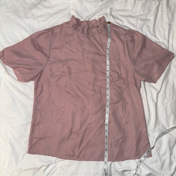 SHEIN | High Ruffle Collar Keyhole Back Short Sleeve Pearl Embellished Blouse - Picture 12 of 13